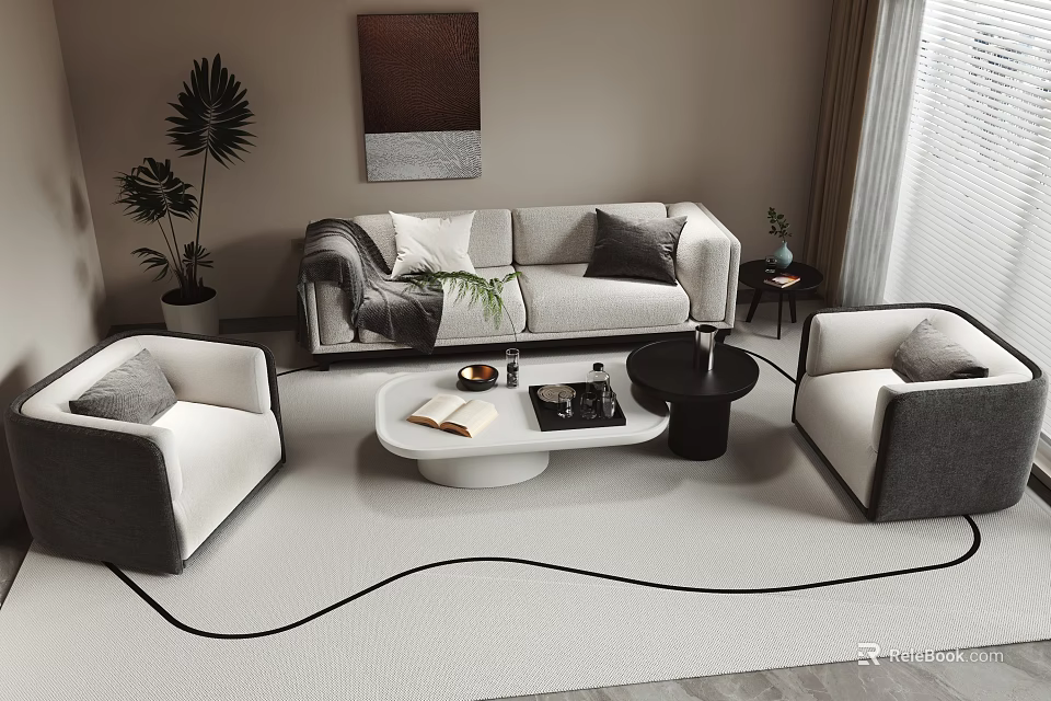 Modern Sofa Coffee Table Combination With Gray White Upholstery Armchairs Wavy Rug And Wall Art 3d model 