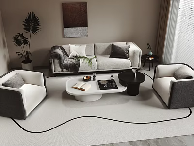 Modern Sofa Coffee Table Combination With Gray White Upholstery Armchairs Wavy Rug And Wall Art 3d model