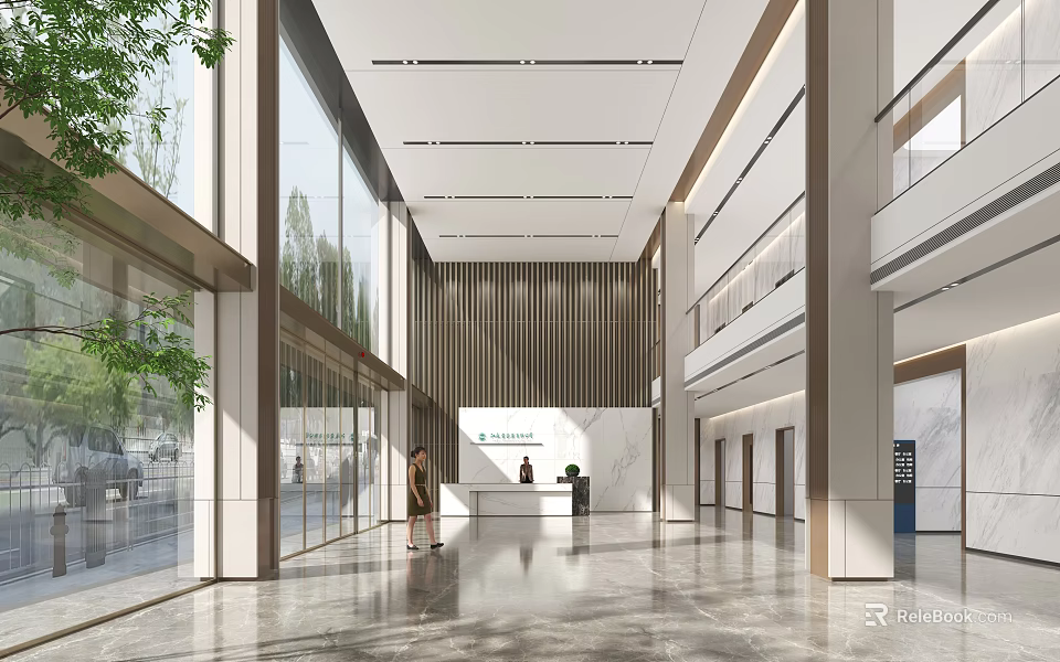 Modern Spacious Service Hall Interior With Reception Desk And Glass Curtain Wall 3d model 