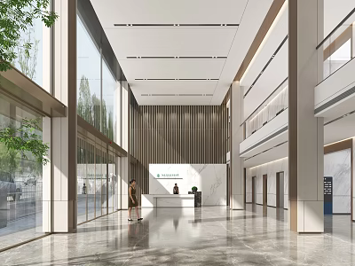 Modern Spacious Service Hall Interior With Reception Desk And Glass Curtain Wall 3d model