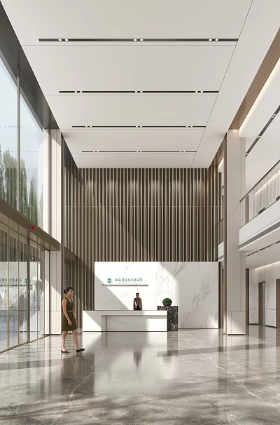 Modern Spacious Service Hall Interior With Reception Desk And Glass Curtain Wall 3d model