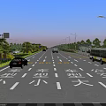 Busy Municipal Road With Cars Buses Trucks Street Lights And Green Belts