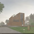 Modern Post Station Building With Wooden Exterior Glass Walls Along Roadside Street Lights And Greenery