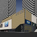 Modern Commercial Complex With Black White Striped Facade Glass Entrance And High Rise Urban Design