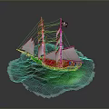 Detailed Wooden Pirate Ship Model With White Sails Black Skull Flag And Green Glowing Base