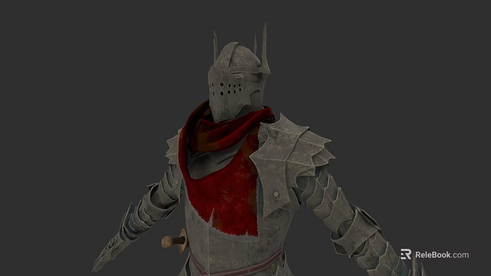 Game Movie Character In Metal Armor With Spiked Helmet And Red Scarf 3d model 