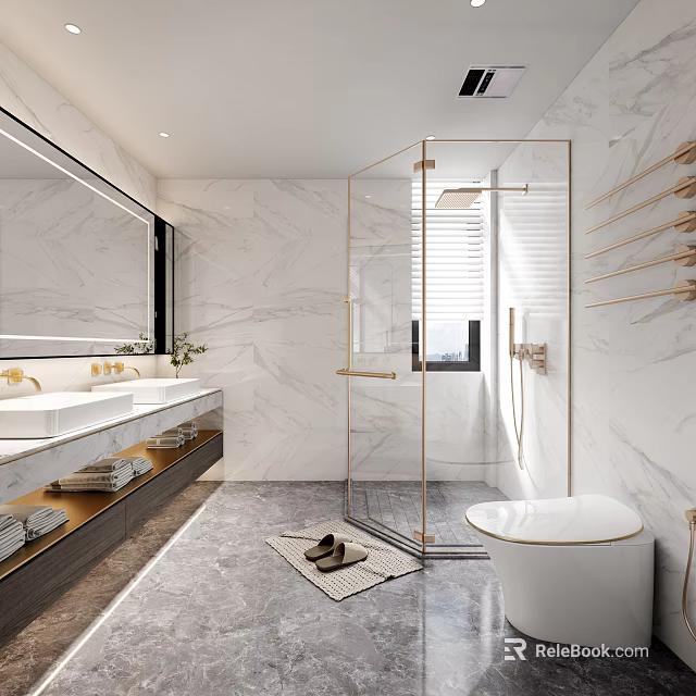 Modern Bathroom Interior Design With Marble Walls Double Sinks Large Mirror And Glass Shower 3d model 