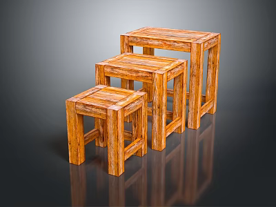 Three Wooden Stools of Different Sizes with Textured Surface and Modern Design 3d model