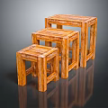 Three Wooden Stools of Different Sizes with Textured Surface and Modern Design