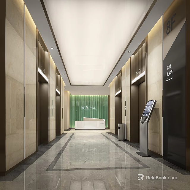 Elegant Modern Elevator Lobby With Marble Walls Reception Desk And Digital Screen 3d model