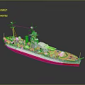 Detailed Warship Model With White Hull Red Bottom And Light Deck Structure 3d model