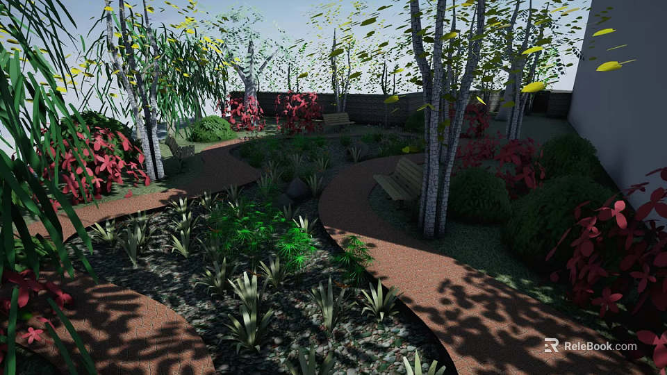 Serene Garden Landscape With Winding Pathways Lush Trees And Colorful Flowers 3d model 