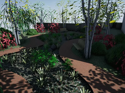 Serene Garden Landscape With Winding Pathways Lush Trees And Colorful Flowers 3d model