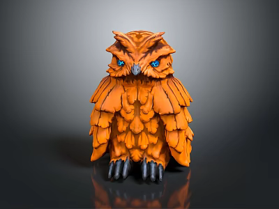 Orange Owl Figurine With Blue Eyes Black Claws And Detailed Feathers On Dark Background 3d model