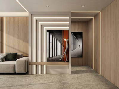 Modern Minimalist Entryway Interior Design With Wooden Walls Decorative Art And Ambient Lighting 3d model