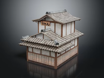 Traditional Japanese Hotel Building With Two Stories Tile Roof And Wooden Structure 3d model