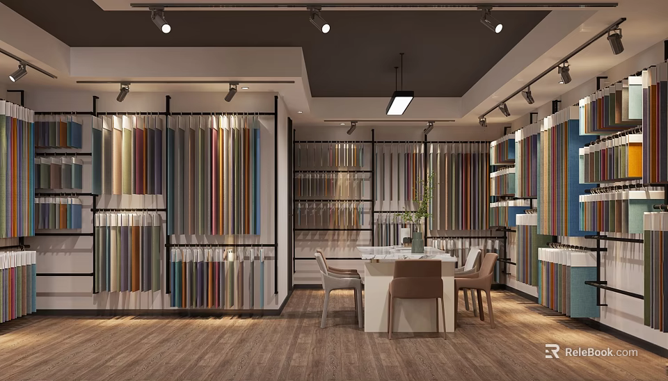 Modern Clothing Store Interior With Colorful Fabric Samples Display Racks And Wooden Flooring 3d model 