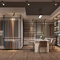 Modern Clothing Store Interior With Colorful Fabric Samples Display Racks And Wooden Flooring