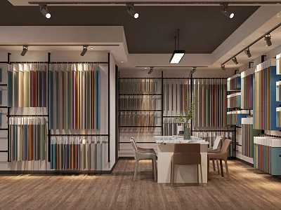 Modern Clothing Store Interior With Colorful Fabric Samples Display Racks And Wooden Flooring 3d model