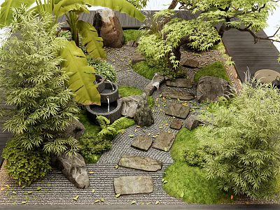 Tranquil Courtyard Garden With Lush Green Plants Stone Pathway Rock Features And Water Fountain 3d model