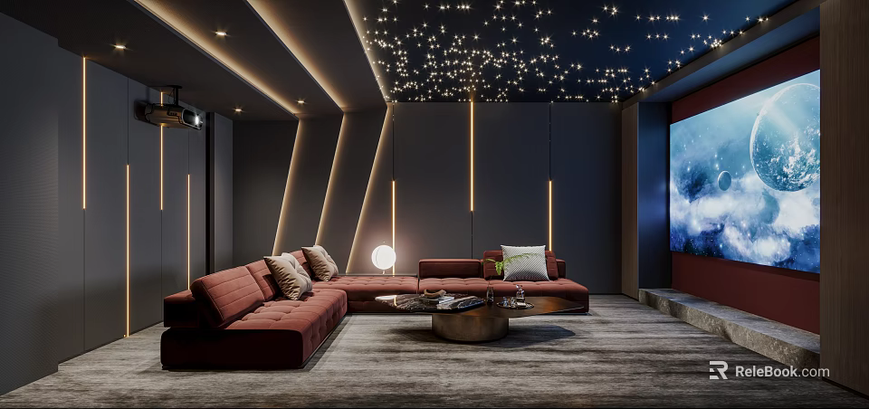 Modern Home Theater With Burgundy Sofas Starry Ceiling And Large Screen 3d model 