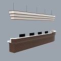 Modern Curved Bar Counter With White Top Multiple Monitors Wooden Drawers And Hanging Lights