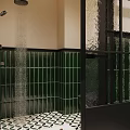 Modern Bathroom Interior Design With Green Tiles Round Mirror Sink And Washing Machine