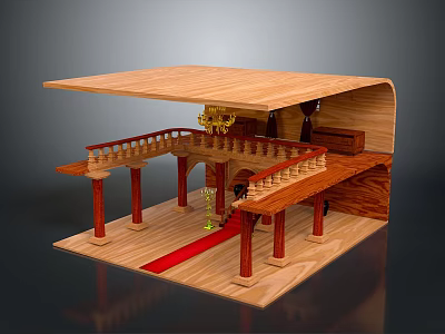 Wooden Architectural Model Featuring Columns Red Carpet Balustrade And Elevated Platform 3d model