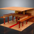 Wooden Architectural Model Featuring Columns Red Carpet Balustrade And Elevated Platform