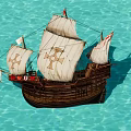 Vintage Sailing Ship With Wooden Hull White Sails And Cross Symbols On Blue Water