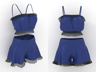 Blue Camisole Top And Shorts Set With Black Lace Trim Design 3d model