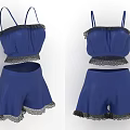 Blue Camisole Top And Shorts Set With Black Lace Trim Design