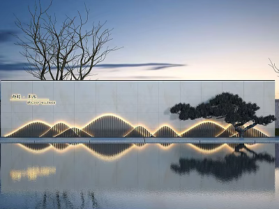 Garden Landscape With Mountain Shape Lighting Pine Tree Stone Wall And Water Reflection 3d model