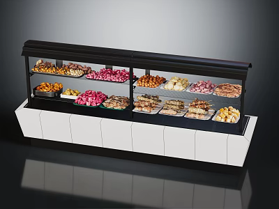 Assorted Fresh Food Display Counter Featuring Various Meats Fruits And Pastries Arranged Neatly 3d model
