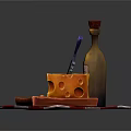 Cheese Slice on Wooden Cutting Board with Knife Wine Bottle on Red White Checkered Cloth