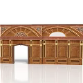 Decorative Wooden Facade With Arched Design Intricate Carvings And Gold Accents