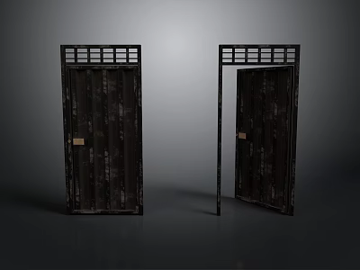 Two Dark Wooden Doors One Closed and One Open With Metal Grid Tops 3d model
