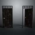 Two Dark Wooden Doors One Closed and One Open With Metal Grid Tops