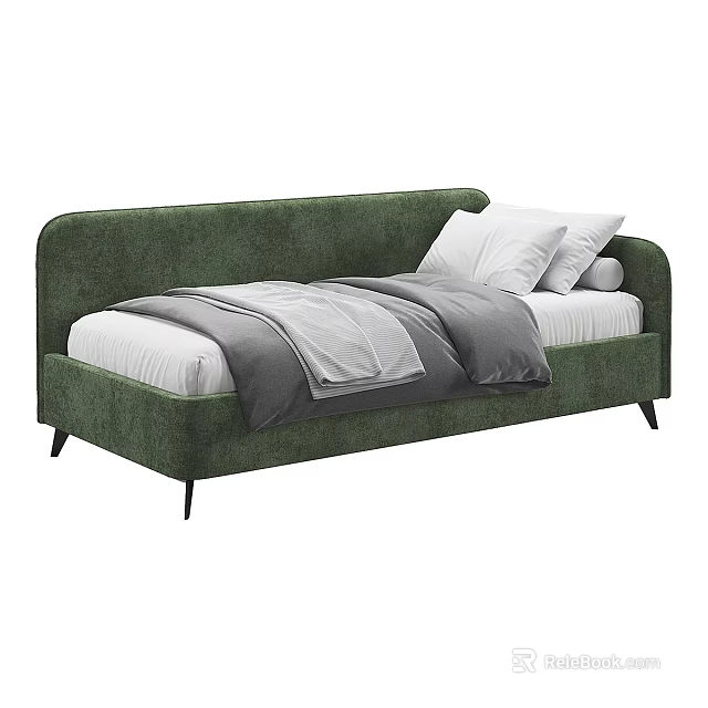 Modern Green Velvet Single Bed With White Pillows Gray Blanket And Black Legs 3d model 