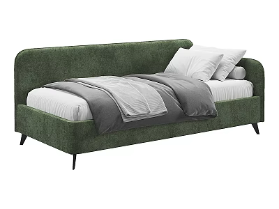 Modern Green Velvet Single Bed With White Pillows Gray Blanket And Black Legs 3d model