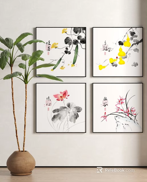 Four Traditional Chinese Ink Wash Botanical Paintings with Lotus and Orchid on Wall 3d model 
