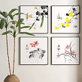 Four Traditional Chinese Ink Wash Botanical Paintings with Lotus and Orchid on Wall