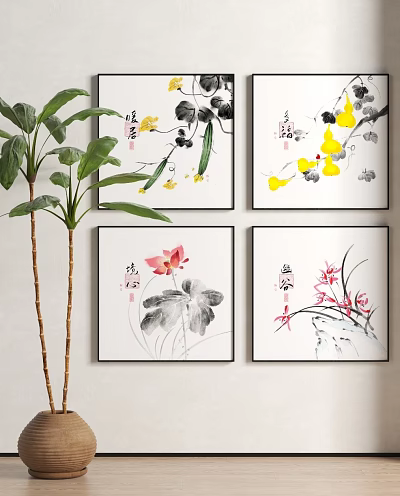 Four Traditional Chinese Ink Wash Botanical Paintings with Lotus and Orchid on Wall 3d model