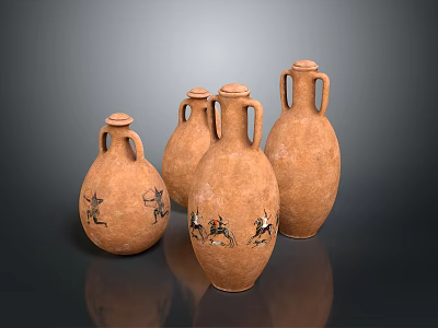 Four Terracotta Vase Sculptures With Ancient Decorative Carvings Of Detailed Figures 3d model