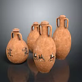 Four Terracotta Vase Sculptures With Ancient Decorative Carvings Of Detailed Figures