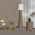 Interior With Wicker Chair Green Gray Cushions Wooden Floor Lamp Stump Table And Plants