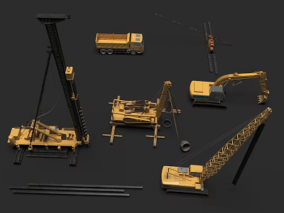 Various Construction Machinery Models With Drilling Rig Excavator Crane And Truck 3d model