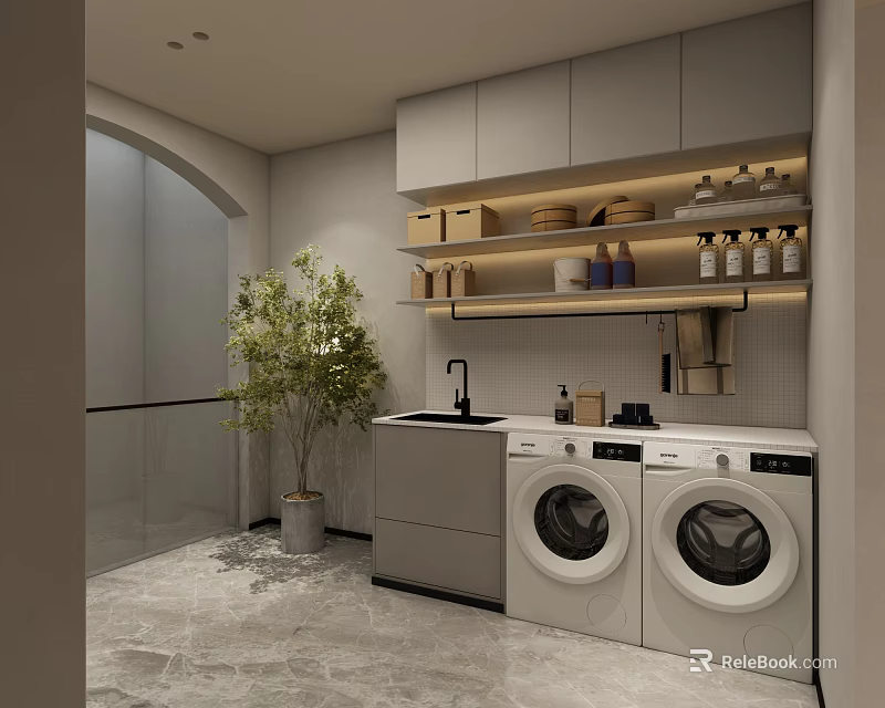 Modern Laundry Room With Washing Machine Dryer Cabinets Sink And Green Plant 3d model 