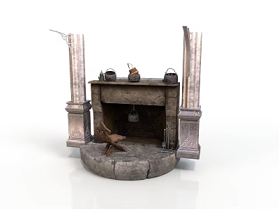 Ancient Stone Fireplace Architecture With Ornate Pillars And Decorative Pots 3d model