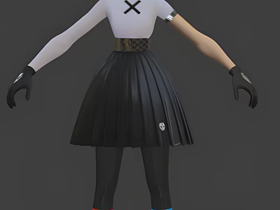 Game Movie Character in White Top With Black X Symbol Black Pleated Skirt Gloves 3d model